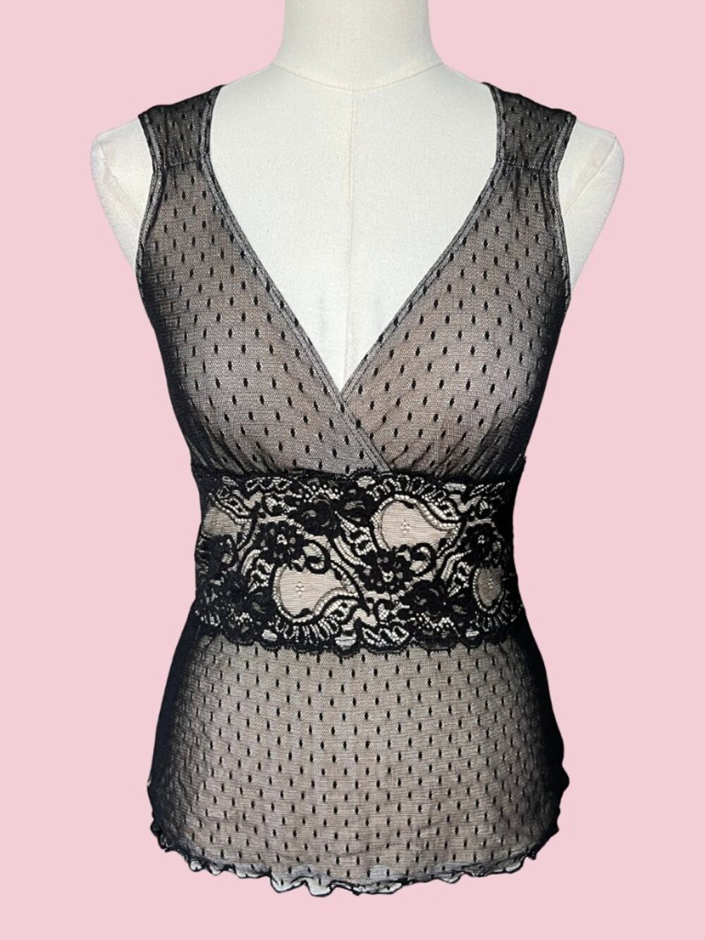White House Black Market Black Swiss Dot Lace Mesh Tank